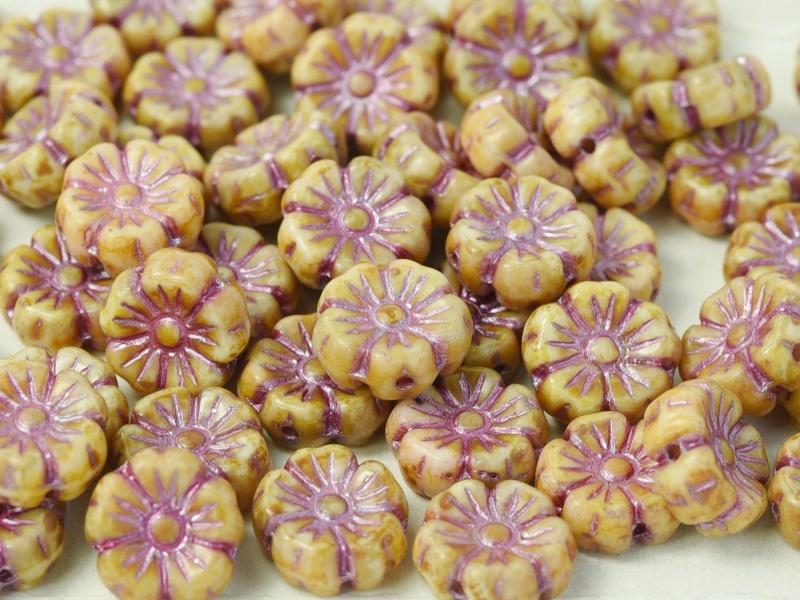 Hibiscus Flower Beads 9 mm, Chalk White Terracotta Pink, Czech Glass