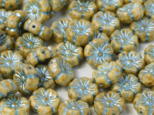 Hibiscus Flower Beads 9 mm, Chalk White Green Turquoise Picasso, Czech Glass