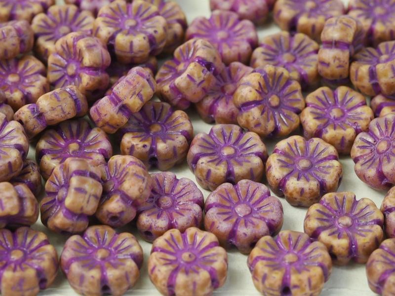 Hibiscus Flower Beads 9 mm, Chalk White Terracotta Purple, Czech Glass