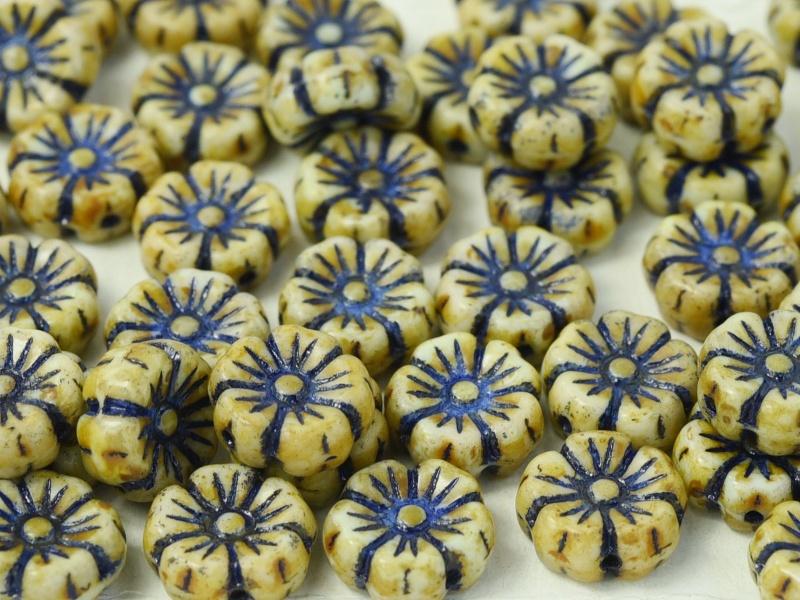 Hibiscus Flower Beads 9 mm, Chalk White Green Navy Blue, Czech Glass