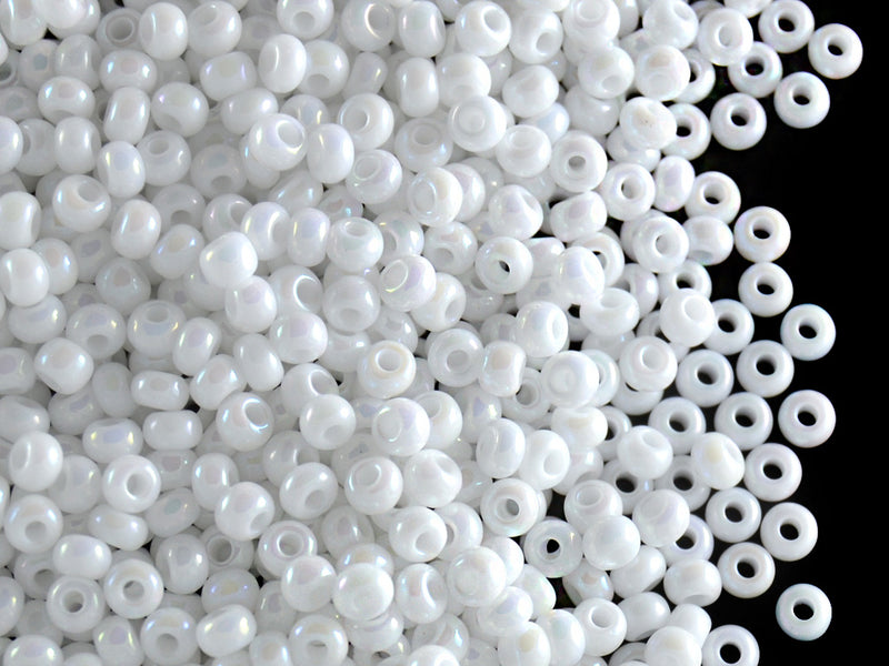 20 g 9/0 Seed Beads Preciosa Ornela, Chalk White Opaque Iris (White Opaque Rainbow), Czech Glass