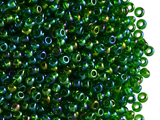20 g 9/0 Seed Beads Preciosa Ornela, Green Transparent Iris, Czech Glass