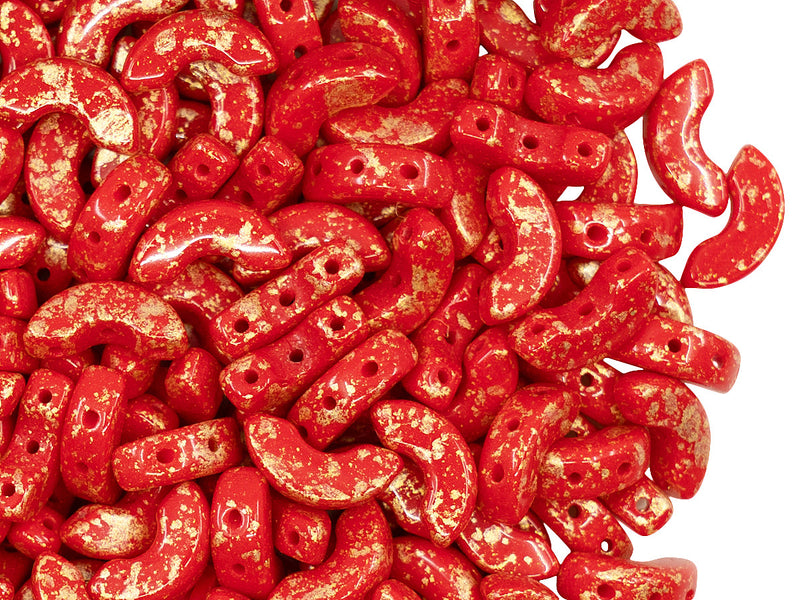 25 pcs Arcos® par Puca® Beads 5x10 mm, 3 Holes, Opaque Coral Red Splash, Czech Glass