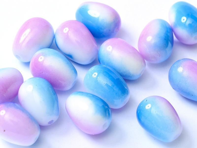 Glass drops 11x8 mm, Chalk White Funky Blue, Czech Glass