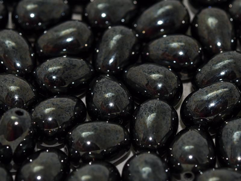 Glass drops 11x8 mm, Jet Hematite, Czech Glass