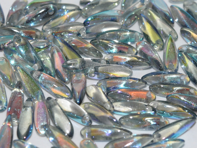 Dagger Beads 3x11 mm, Crystal Blue Rainbow, Czech Glass
