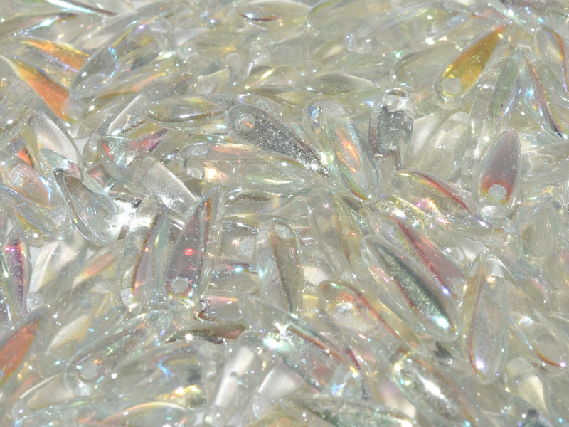 Dagger Beads 3x11 mm, Crystal Green Rainbow, Czech Glass