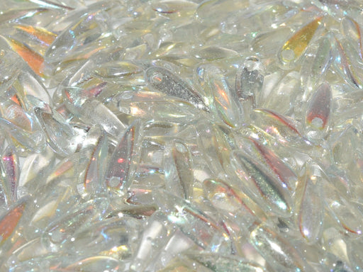 Dagger Beads 3x11 mm, Crystal Green Rainbow, Czech Glass