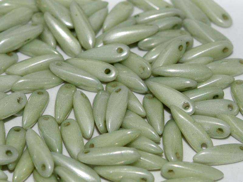 Dagger Beads 3x11 mm, Chalk White Mint Luster, Czech Glass