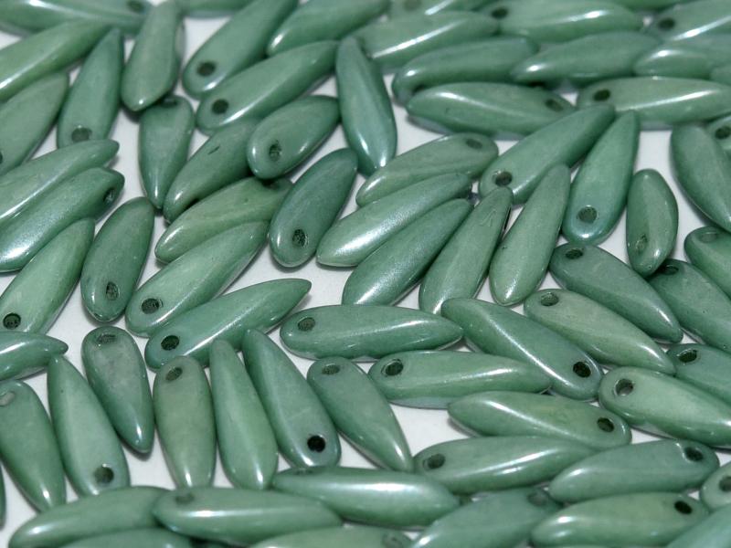 Dagger Beads 3x11 mm, Chalk White Teal Luster, Czech Glass