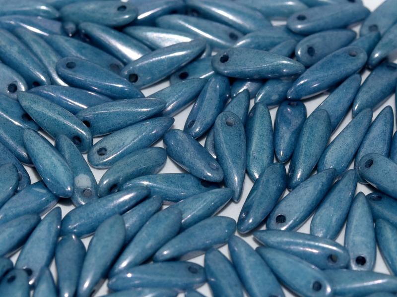 Dagger Beads 3x11 mm, Chalk White Baby Blue Luster, Czech Glass