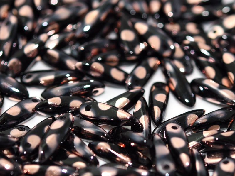 Dagger Beads 3x11 mm, Jet Capri Gold Dots, Czech Glass