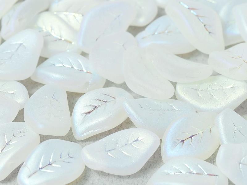 Leaves Beads 9x14 mm, Crystal Full AB Matted, Czech Glass