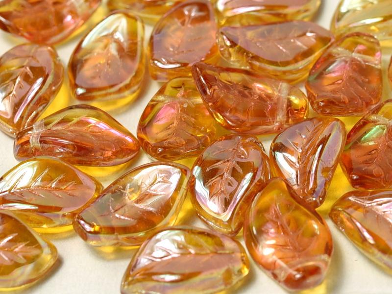 Leaves Beads 9x14 mm, Crystal Apricot Medium, Czech Glass