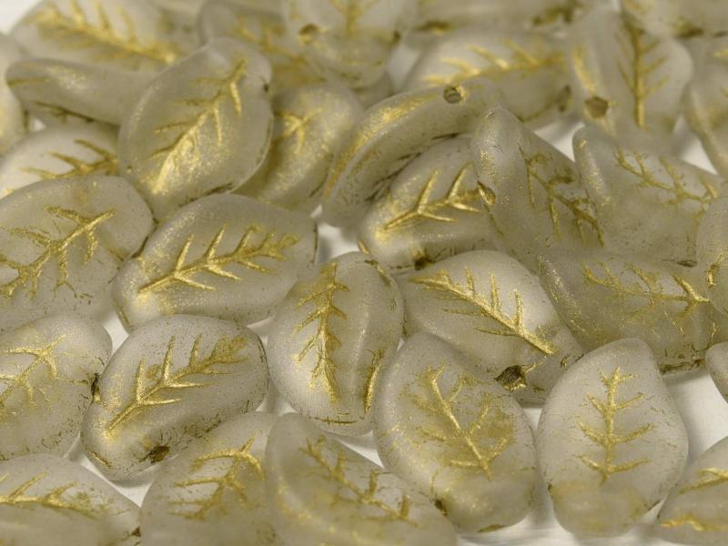 Leaves Beads 9x14 mm, Crystal Gold Painted Matted, Czech Glass