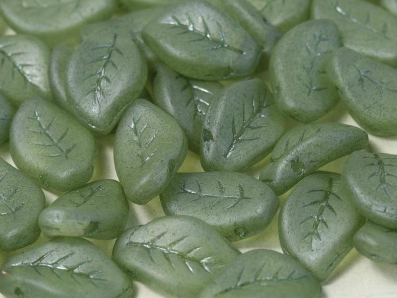 Leaves Beads 9x14 mm, Crystal Teal Luster Matted, Czech Glass