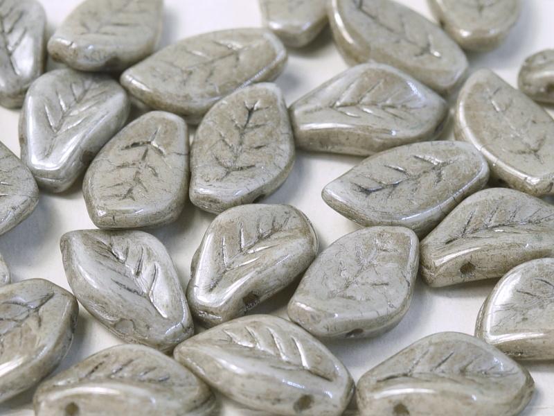 Leaves Beads 9x14 mm, Chalk White Gray Luster, Czech Glass