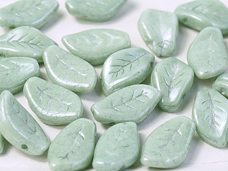 Leaves Beads 9x14 mm, Chalk White Teal Luster, Czech Glass