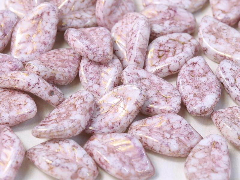 Leaves Beads 9x14 mm, Chalk White Terracotta Purple, Czech Glass