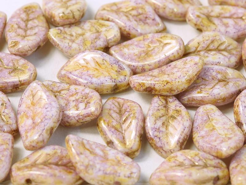 Leaves Beads 9x14 mm, Chalk White Lila Gold Luster, Czech Glass