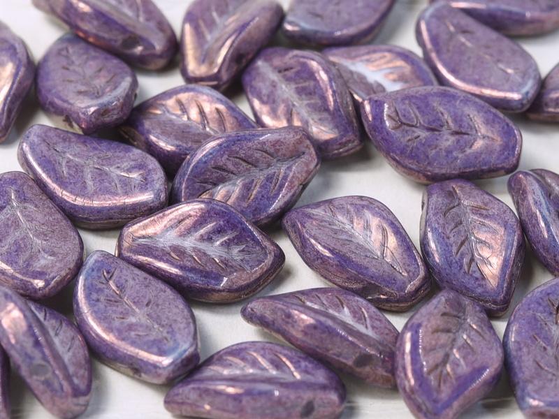 Leaves Beads 9x14 mm, Chalk White Lila Vega Luster, Czech Glass