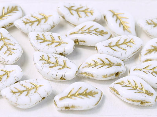 Leaves Beads 9x14 mm, Chalk White with Golden Streaks, Czech Glass
