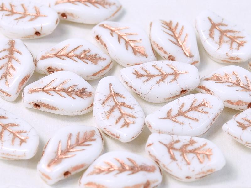 Leaves Beads 9x14 mm, Chalk White With Bronze Fired Color, Czech Glass