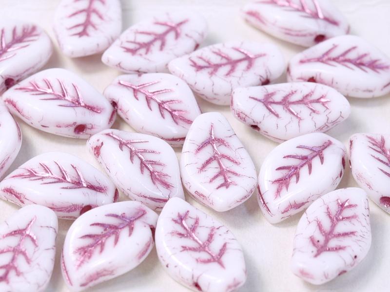 Leaves Beads 9x14 mm, Chalk White with Fuchsia Streaks, Czech Glass