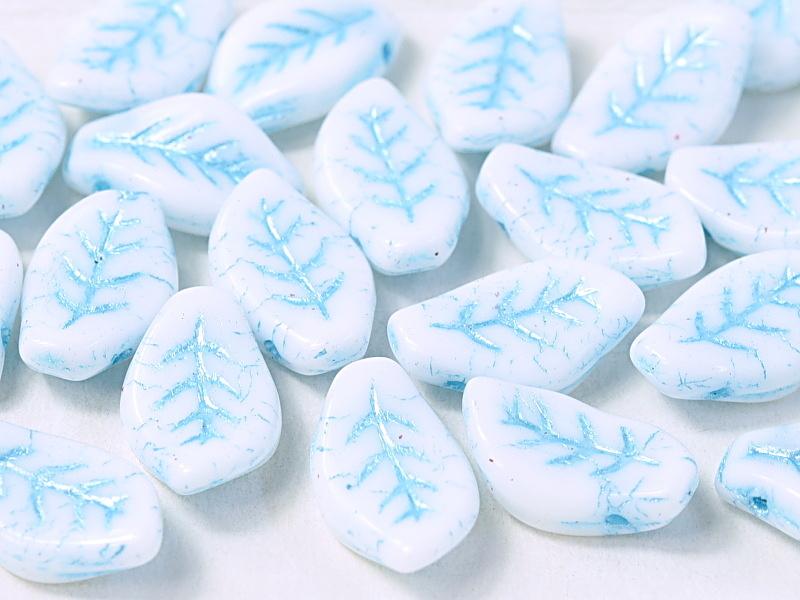 Leaves Beads 9x14 mm, Chalk White With Turquoise Blue Streaks, Czech Glass