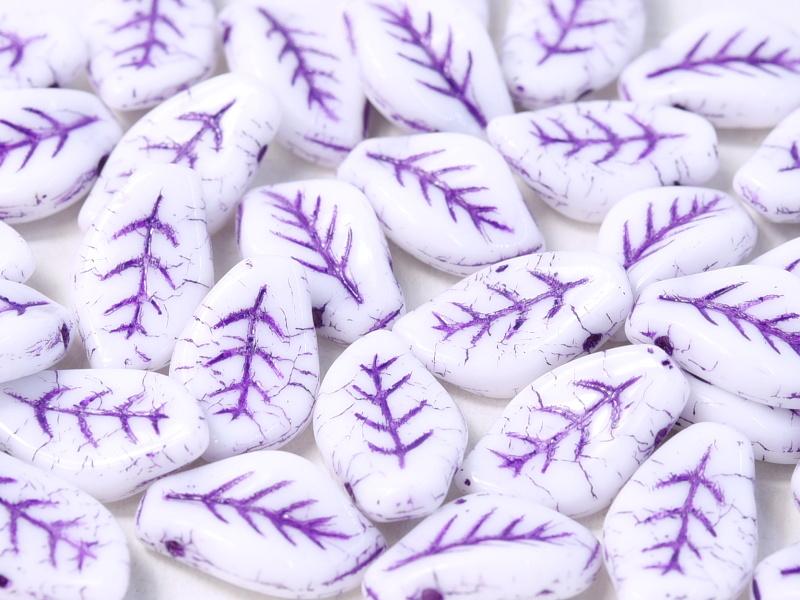 Leaves Beads 9x14 mm, Chalk White With Violet Streaks, Czech Glass
