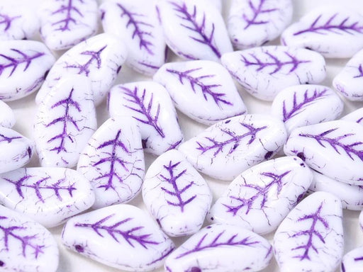 Leaves Beads 9x14 mm, Chalk White With Violet Streaks, Czech Glass