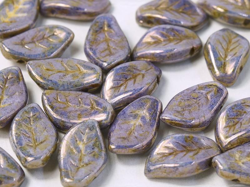 Leaves Beads 9x14 mm, Chalk White Violet Glaze, Czech Glass