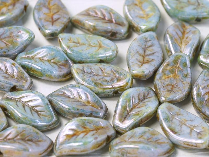Leaves Beads 9x14 mm, Chalk White Blue Luster, Czech Glass