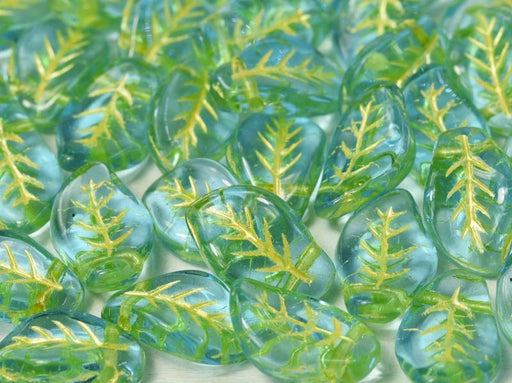 Leaves Beads 9x14 mm, Aqua With Yellow Streaks, Czech Glass