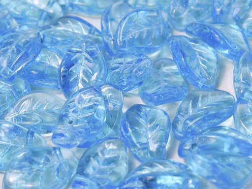 Leaves Beads 9x14 mm, Aqua Metallic Turquoise Blue, Czech Glass