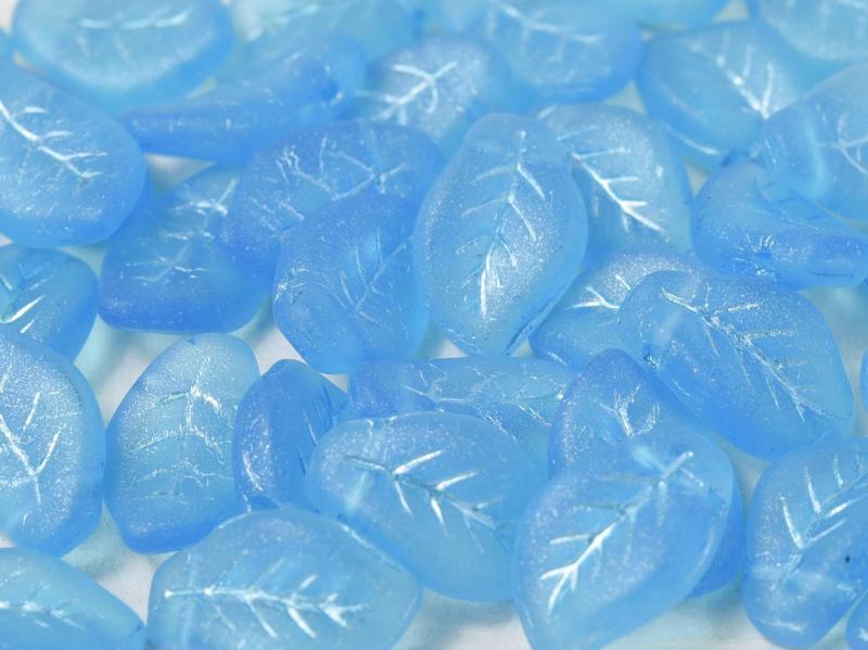 Leaves Beads 9x14 mm, Aqua Metallic Turquoise Blue Matted, Czech Glass