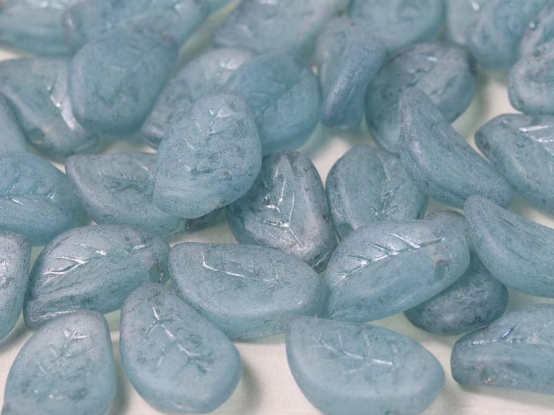 Leaves Beads 9x14 mm, Aqua Shimmer Matted, Czech Glass