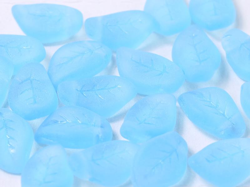 Leaves Beads 9x14 mm, Aqua Matted, Czech Glass