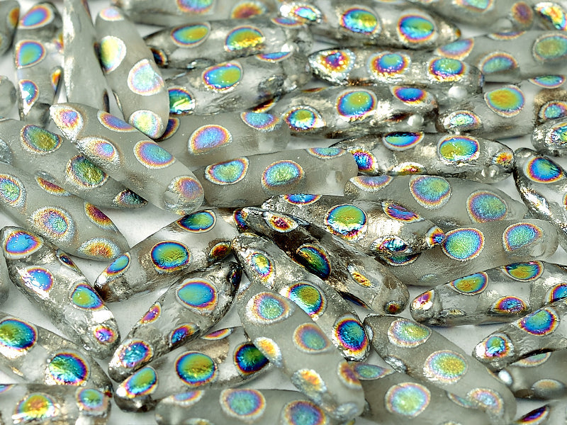 Dagger Beads 5x16 mm, Crystal Etched Vitrail Dots, Czech Glass