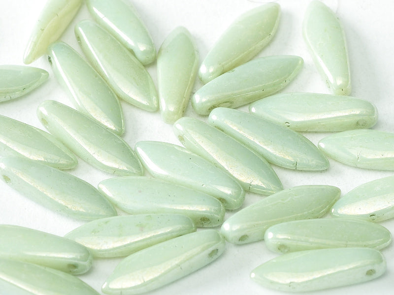 Dagger Beads 5x16 mm, Chalk White Mint Luster, Czech Glass