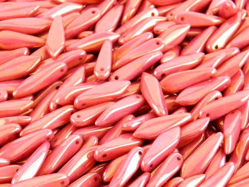 Dagger Beads 5x16 mm, Chalk White Red Luster, Czech Glass