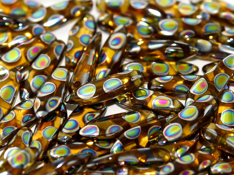 Dagger Beads 5x16 mm, Topaz Vitrail Dots, Czech Glass