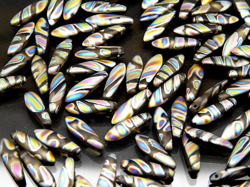 Dagger Beads 5x16 mm, Smoke Topaz Vitrail Stripes Matted, Czech Glass
