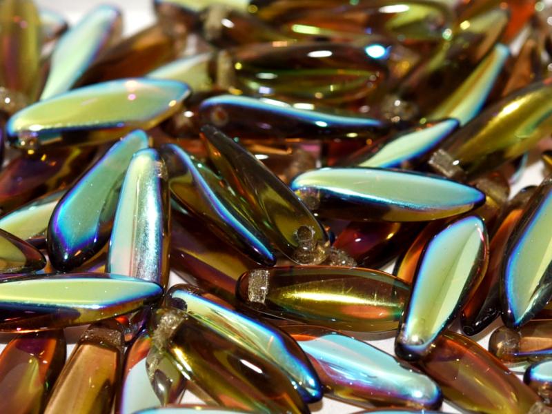 Dagger Beads 5x16 mm, Smoke Topaz AB, Czech Glass