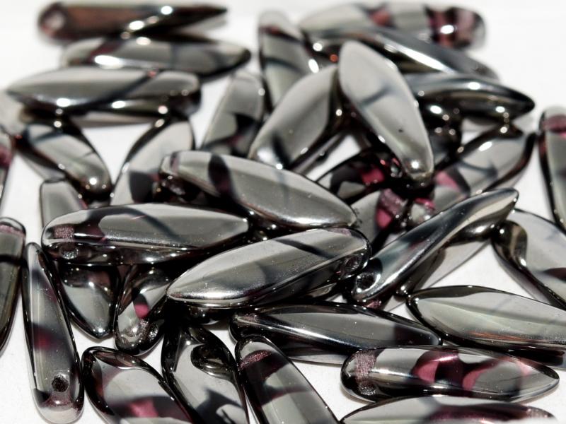 Dagger Beads 5x16 mm, Amethyst Chrome Stripes, Czech Glass