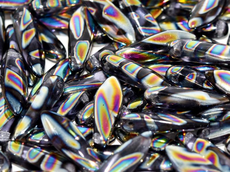 Dagger Beads 5x16 mm, Light Violet Vitrail Stripes, Czech Glass