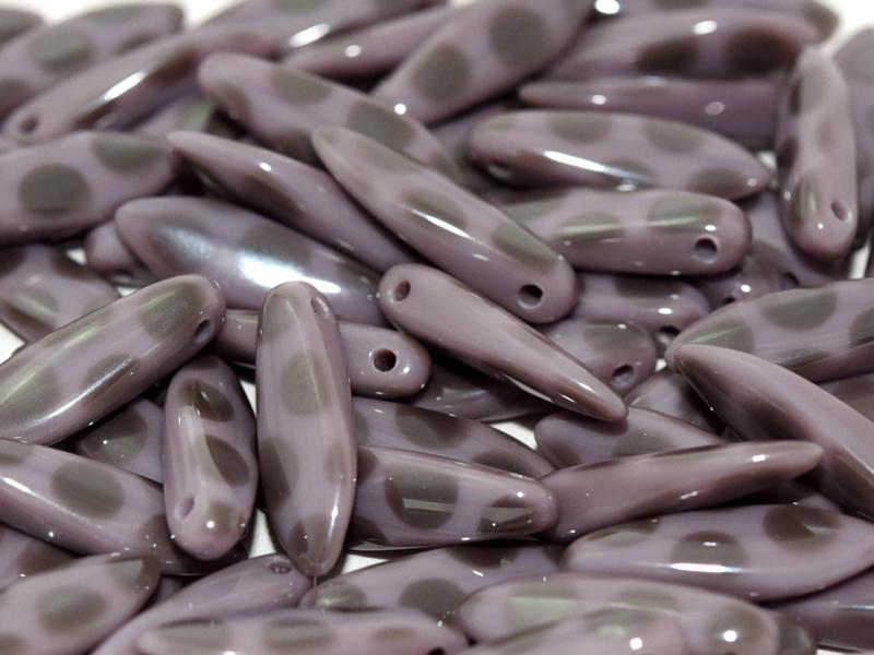 Dagger Beads 5x16 mm, Opaque Lilac Vacuum Hematite Dots, Czech Glass