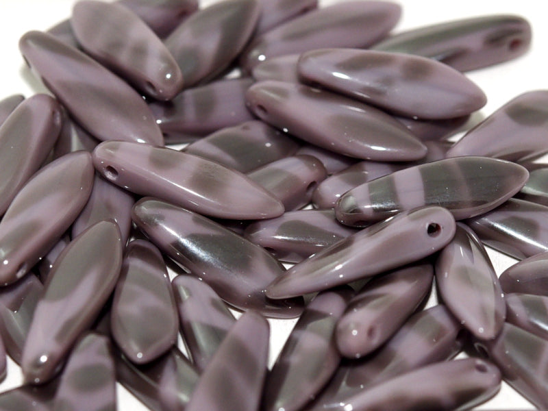 Dagger Beads 5x16 mm, Opaque Lilac Vacuum Hematite Stripes, Czech Glass