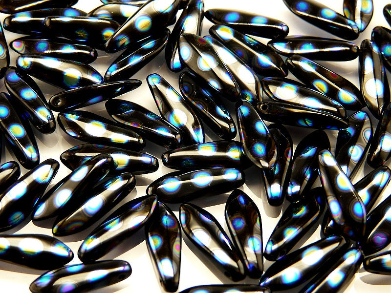 Dagger Beads 5x16 mm, Jet AB Dots, Czech Glass