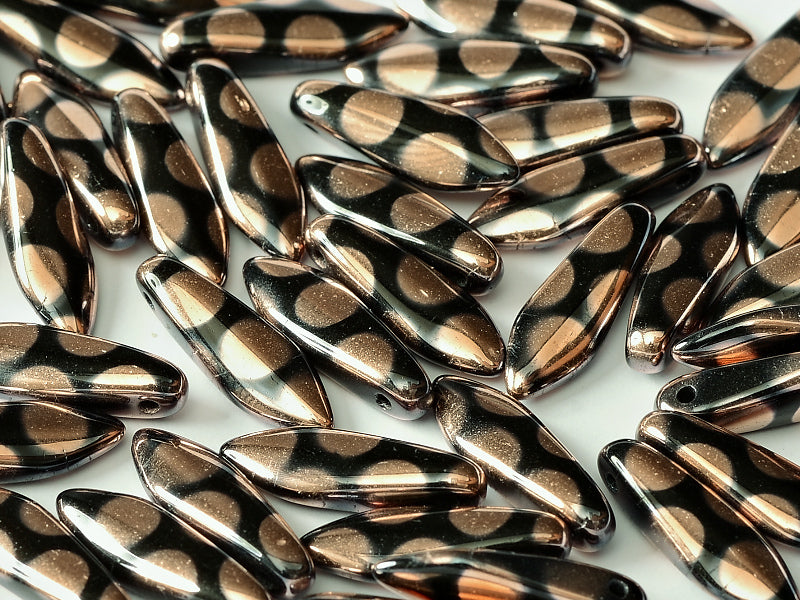 Dagger Beads 5x16 mm, Jet Capri Gold Dots, Czech Glass